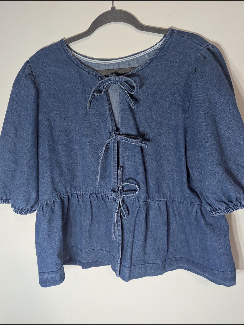 Denim Tie Front Peplum Blouse XXL Blue Puff Sleeve Babydoll Cottagecore Chambray - Picture 2 of 6